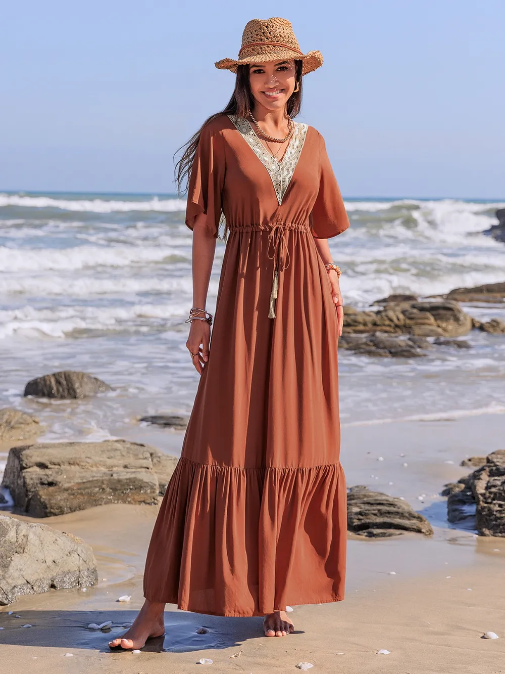 Ruffled Tassel V-Neck Flutter Sleeve Dress, image 3