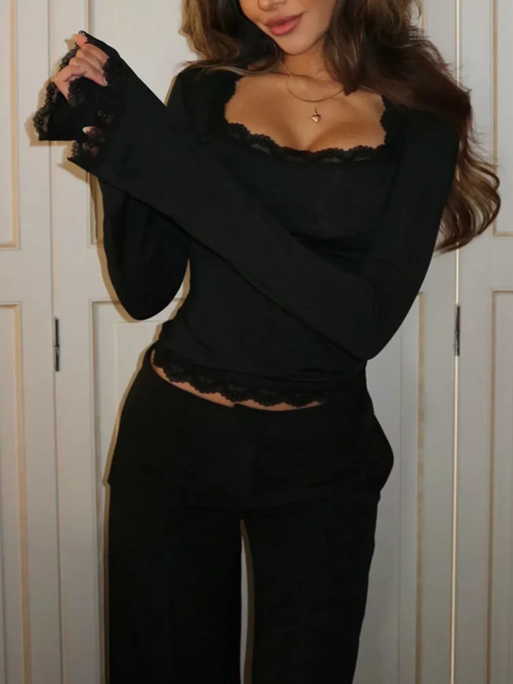 Lace Trim Long Sleeve T-Shirt, image 7