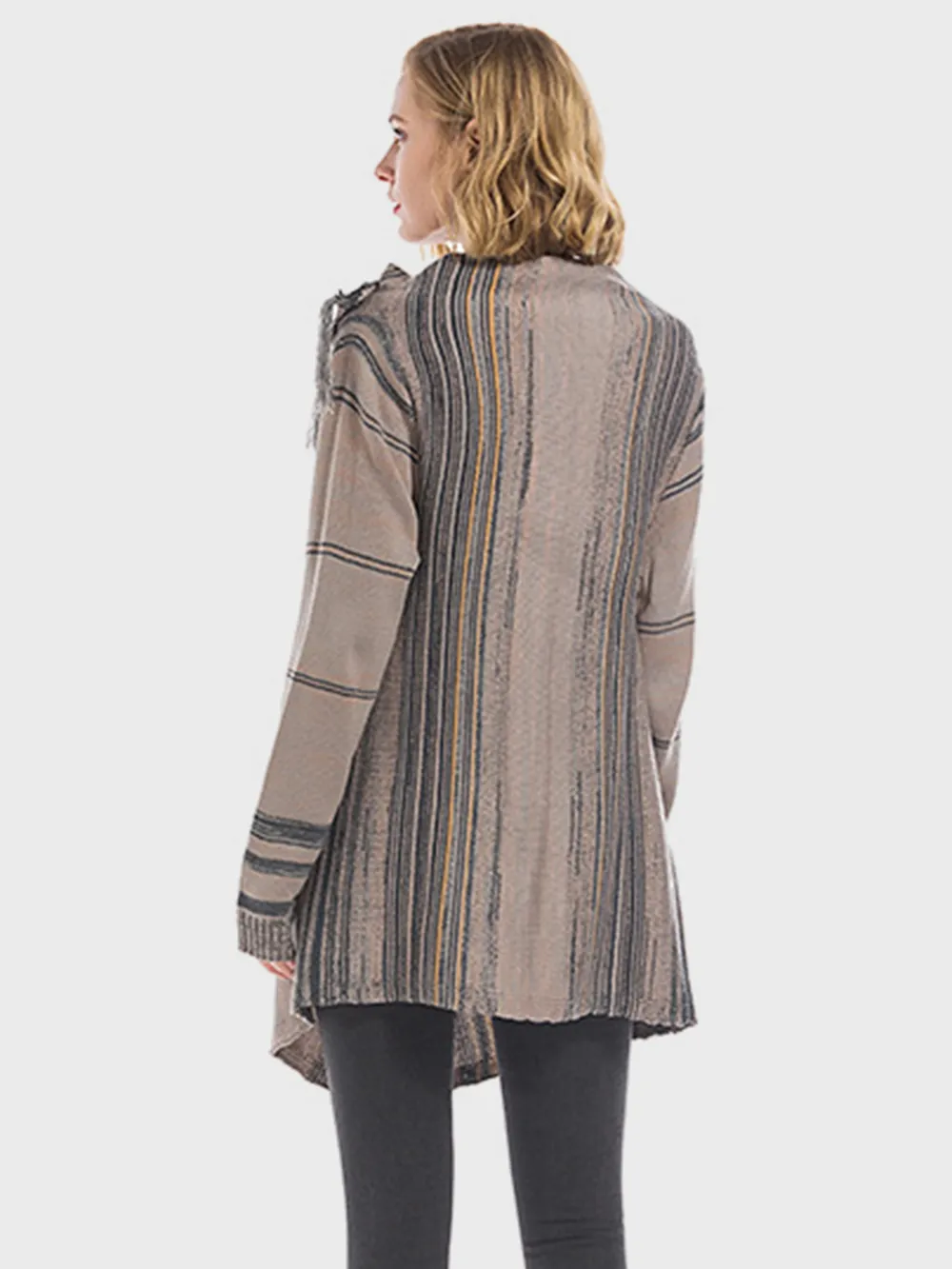 Tassel Striped Open Front Long Sleeve Cardigan, image 2