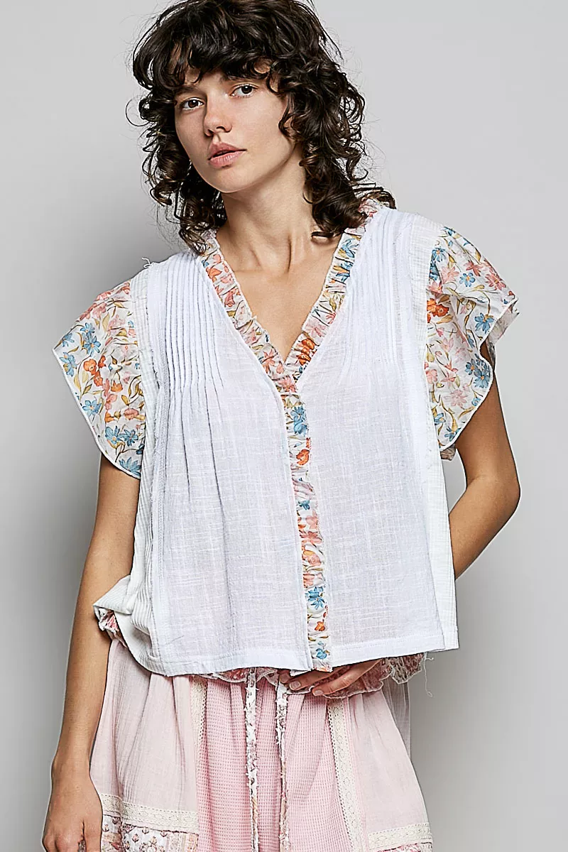 V-Neck Floral Ruffle Sleeve Blouse