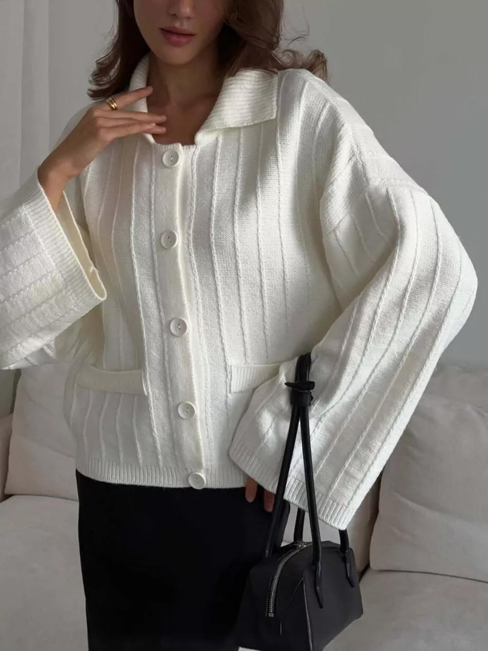 Texture Knit Cardigan with Wide Sleeves and Collar, image 7