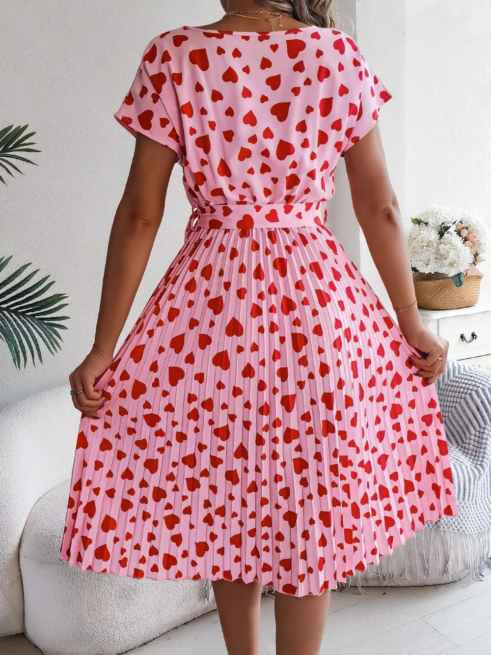 Heart Print Short Sleeve Tie Waist Dress, image 3