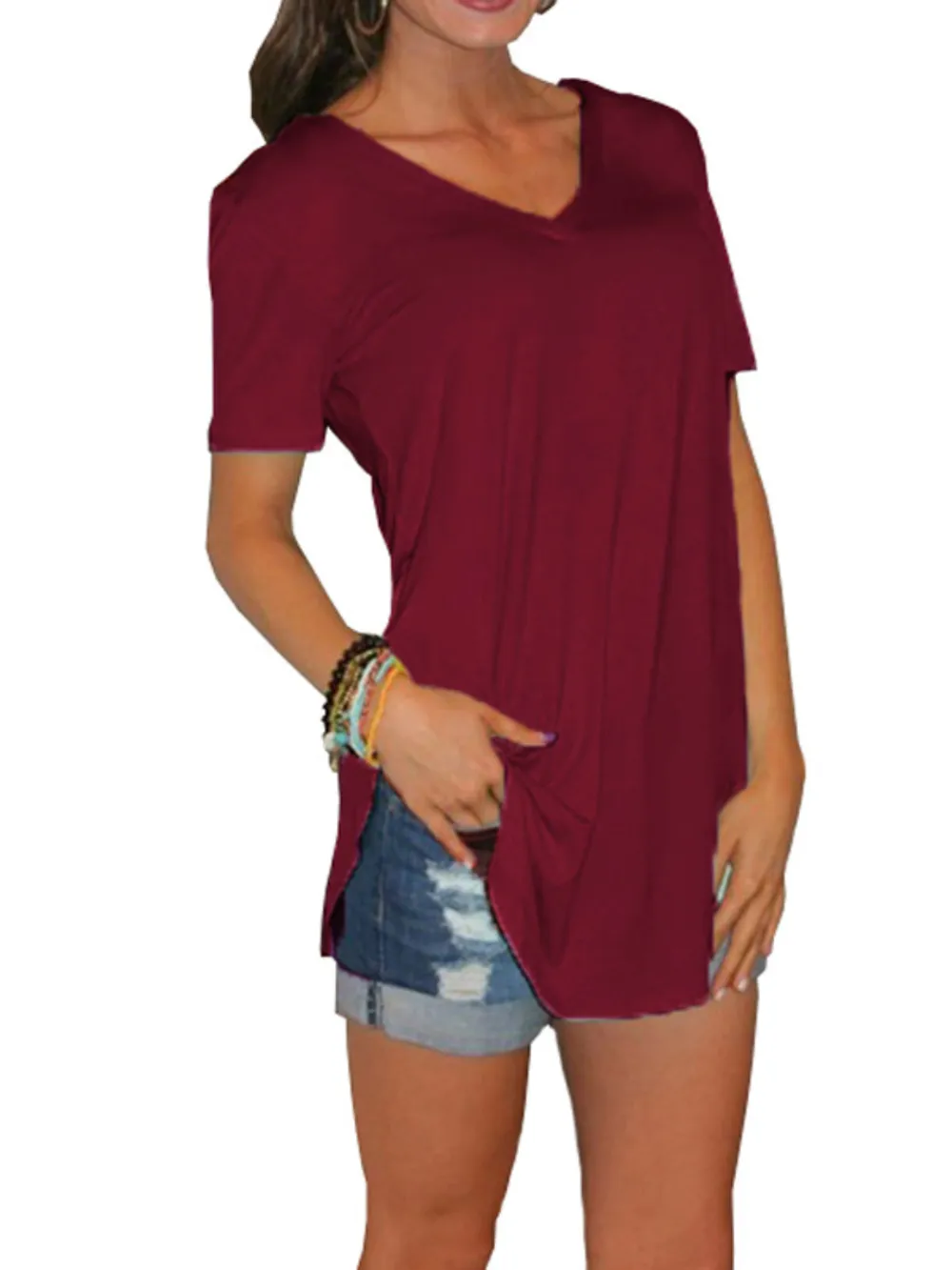 Full Size Solid V-Neck Short Sleeve T-Shirt Plus Size, image 11