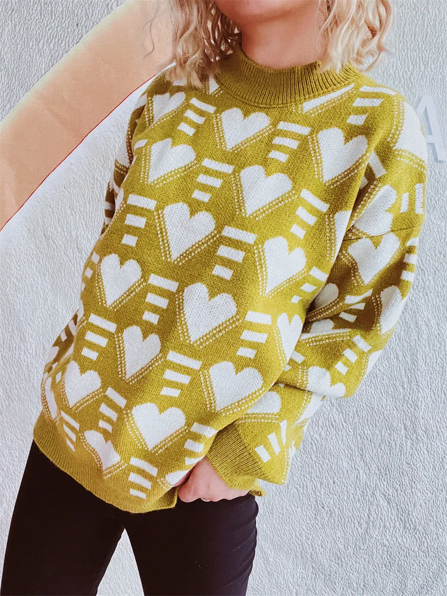 Heart Contrast Long Sleeve Dropped Shoulder Sweater, image 15