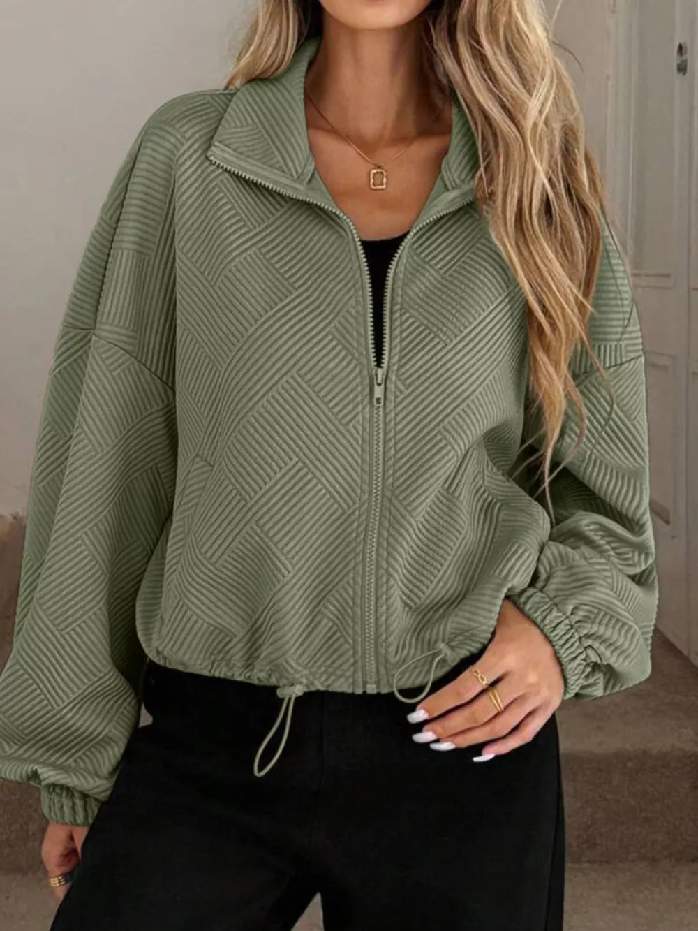 Textured Zip-Up Drawstring Hem Jacket, image 17