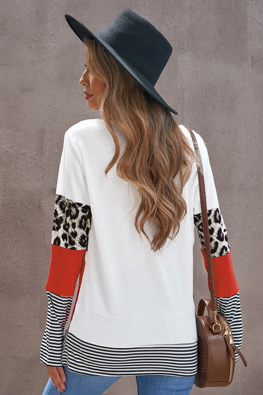 Waffle-Knit Leopard Round Neck Long Sleeve T-Shirt, image 5