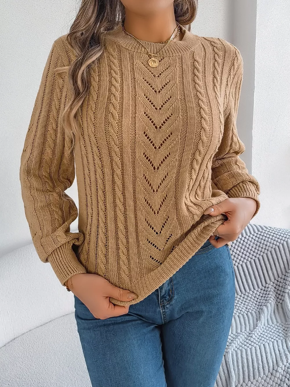 Cable-Knit Round Neck Sweater, image 7