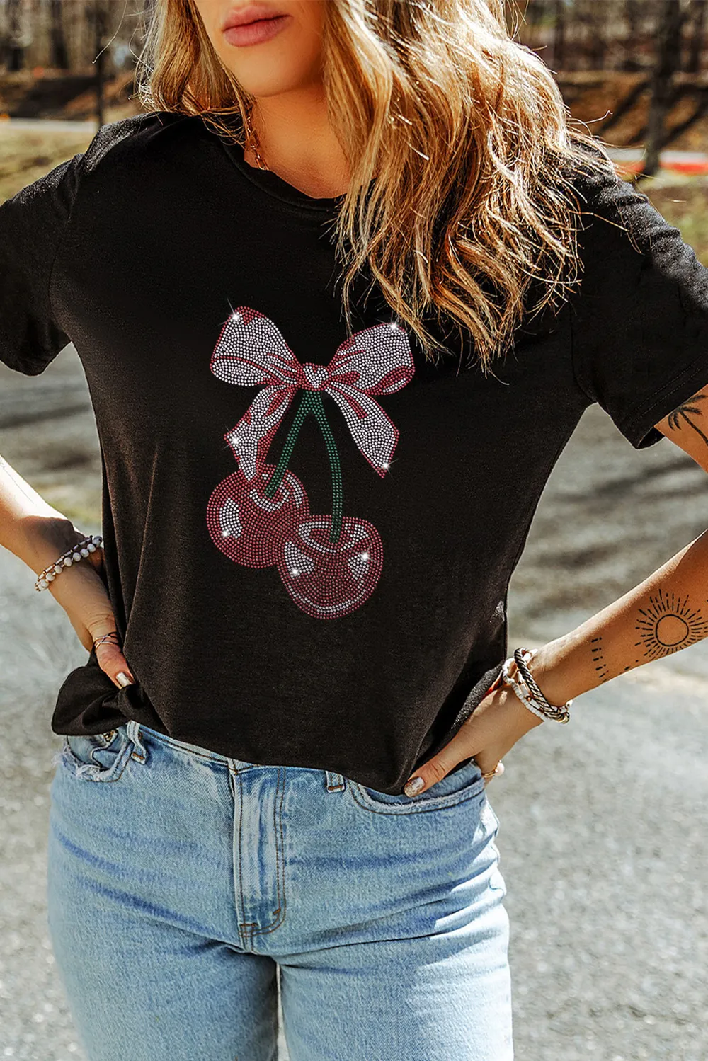 Cherry Graphic Round Neck Short Sleeve T-Shirt, image 4