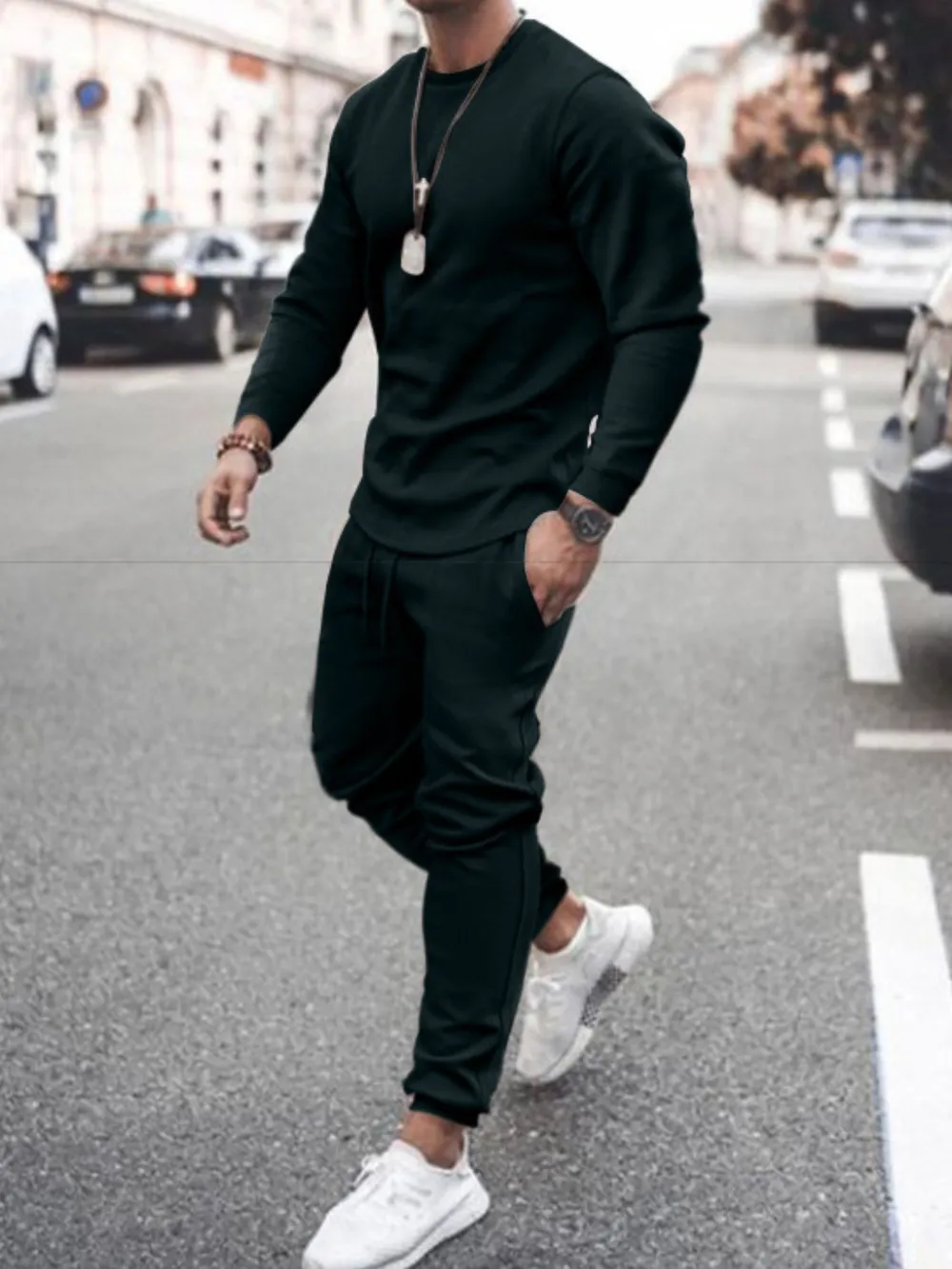 Men's Full Size Round Neck Long Sleeve Top and Pants Set Plus Size