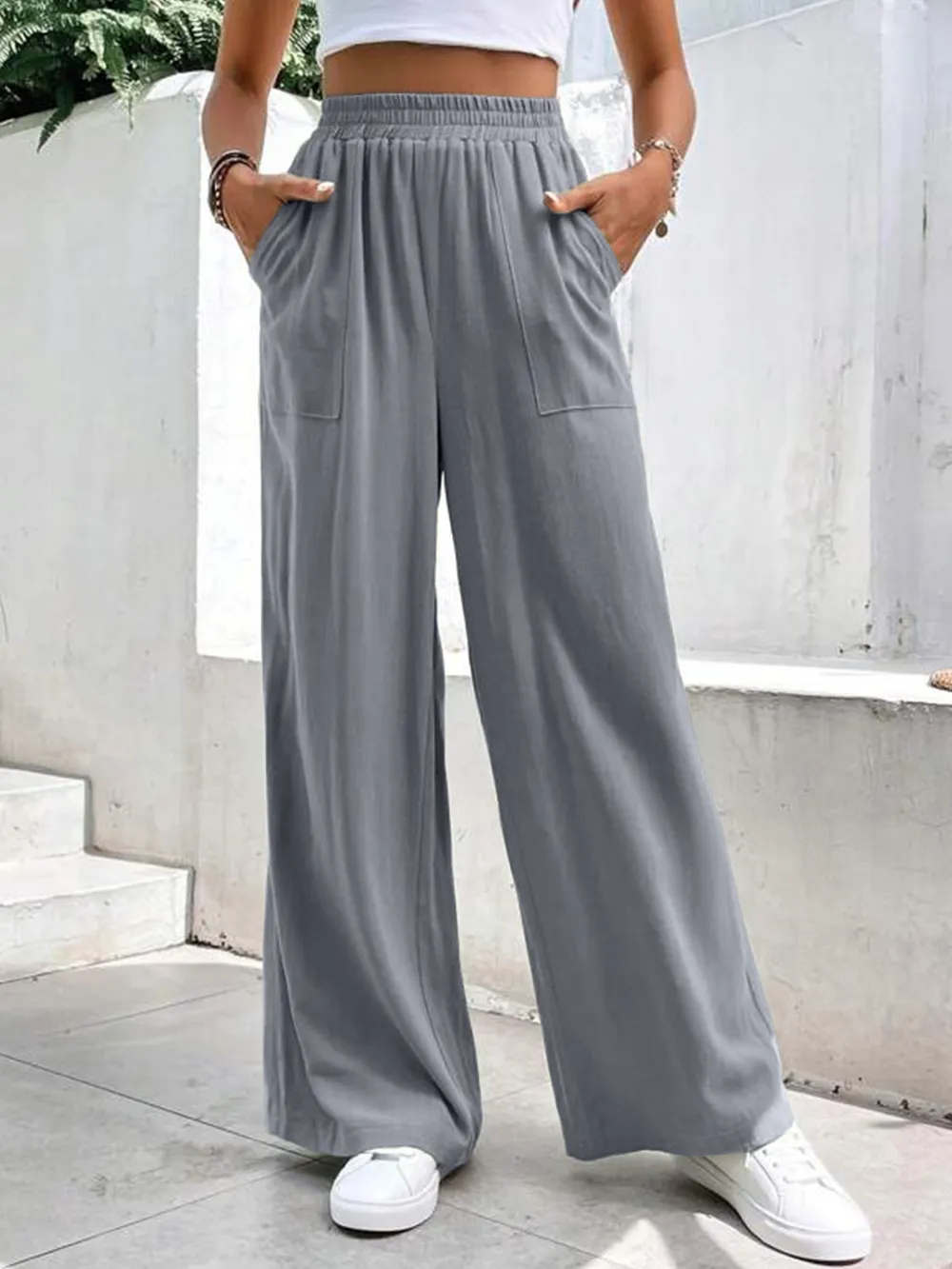 High Waist Wide Leg Pants with Pockets, image 2