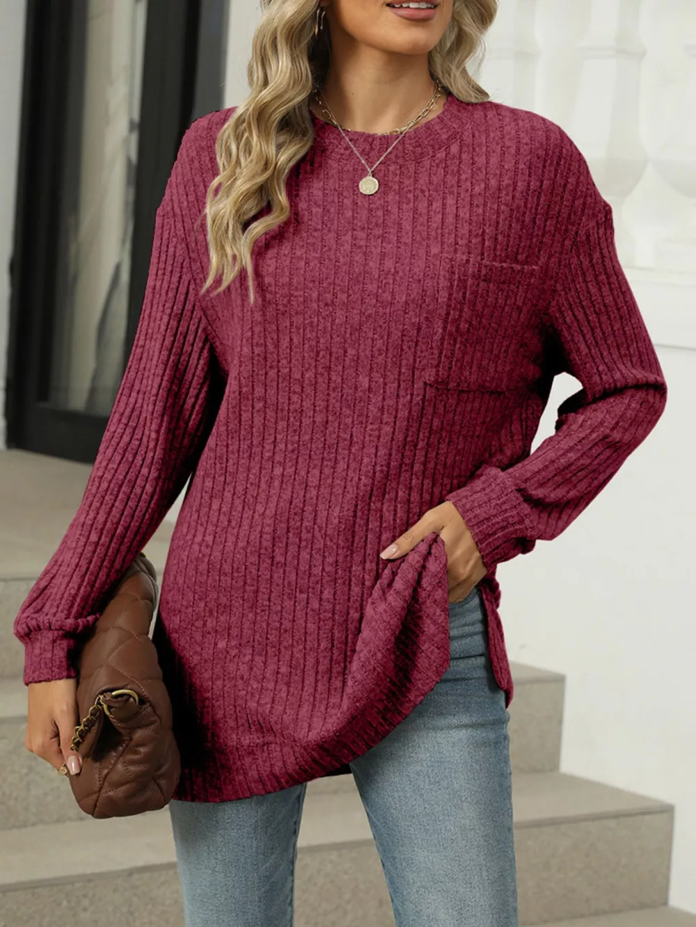 Ribbed Knit Round Neck Sweater, image 22