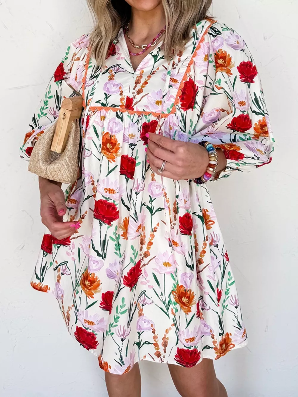 Floral Print 3/4 Sleeve Mini Dress, image 3