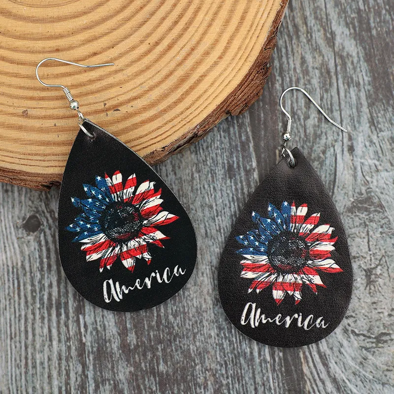 PU Leather Sunflower Teardrop Shape Earrings, image 2