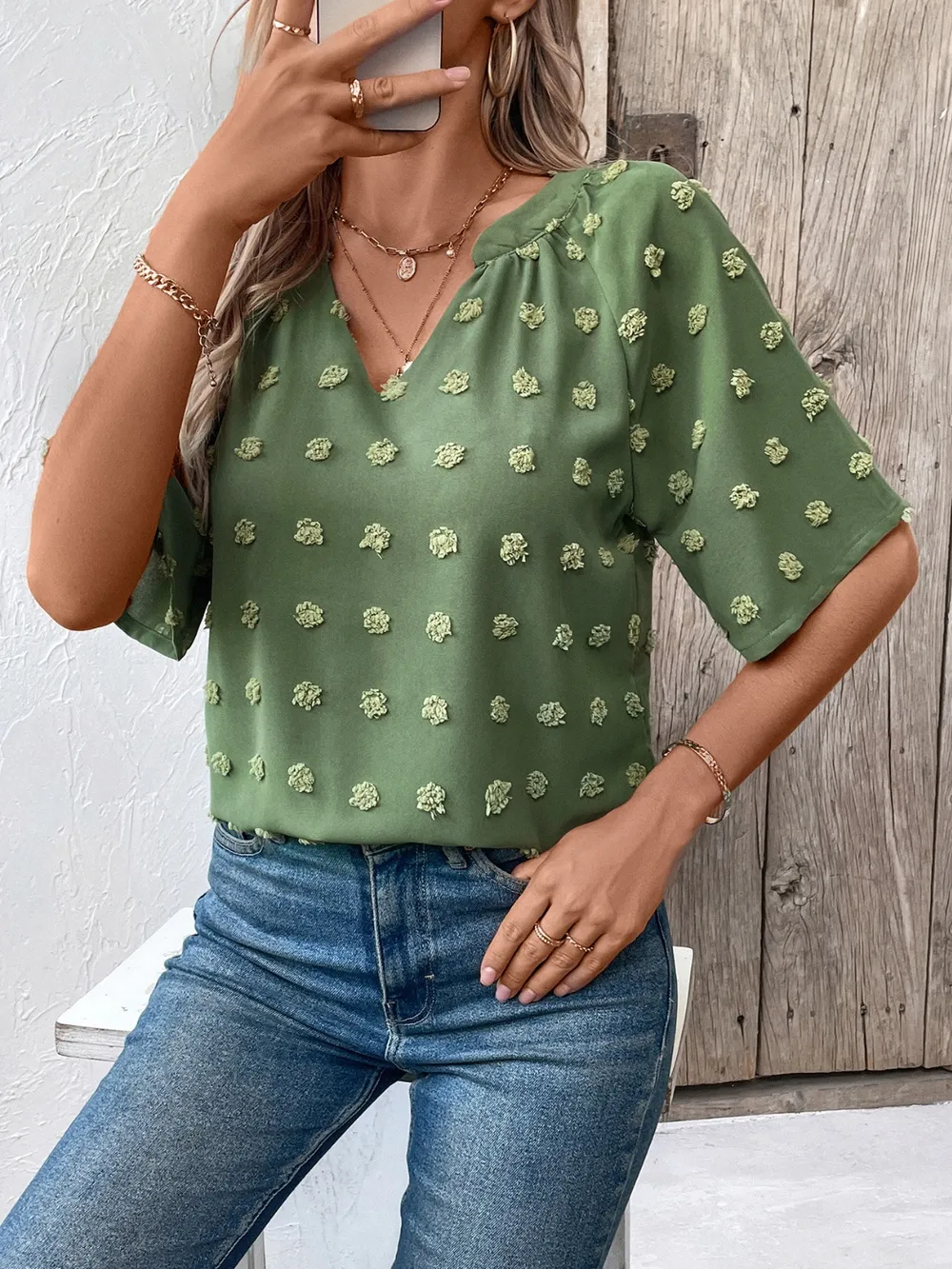 Swiss Dot Notched Half Sleeve Blouse, image 9