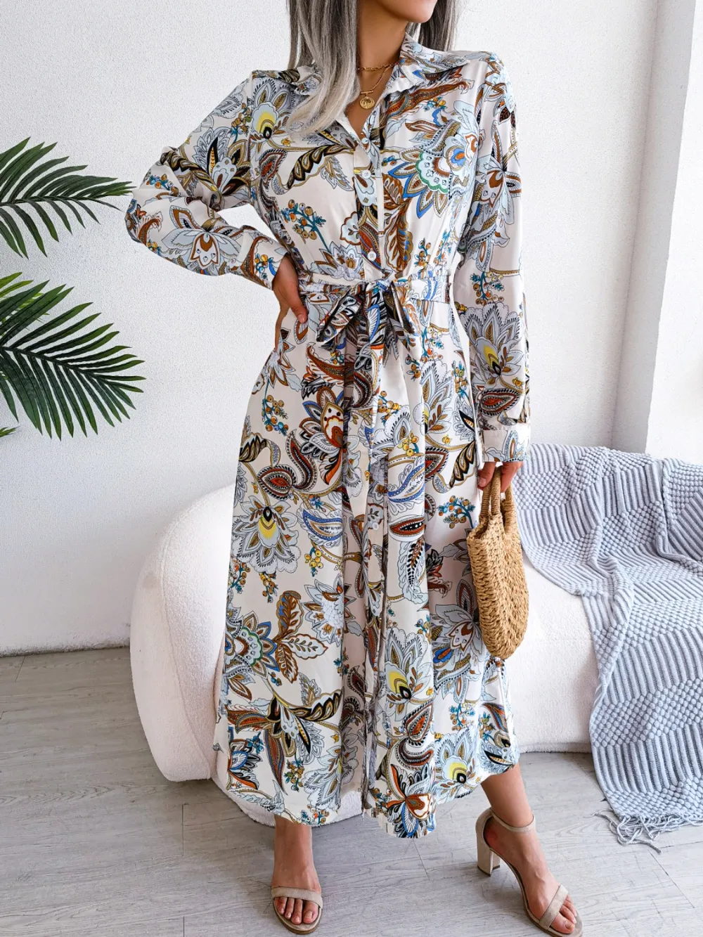 Tied Printed Long Sleeve Midi Dress, image 12