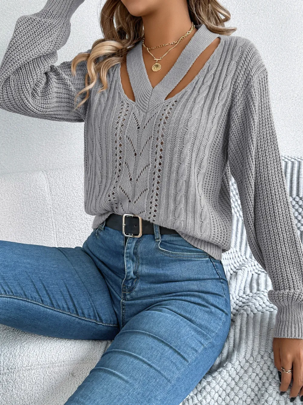 Cutout V-Neck Long Sleeve Sweater, image 13