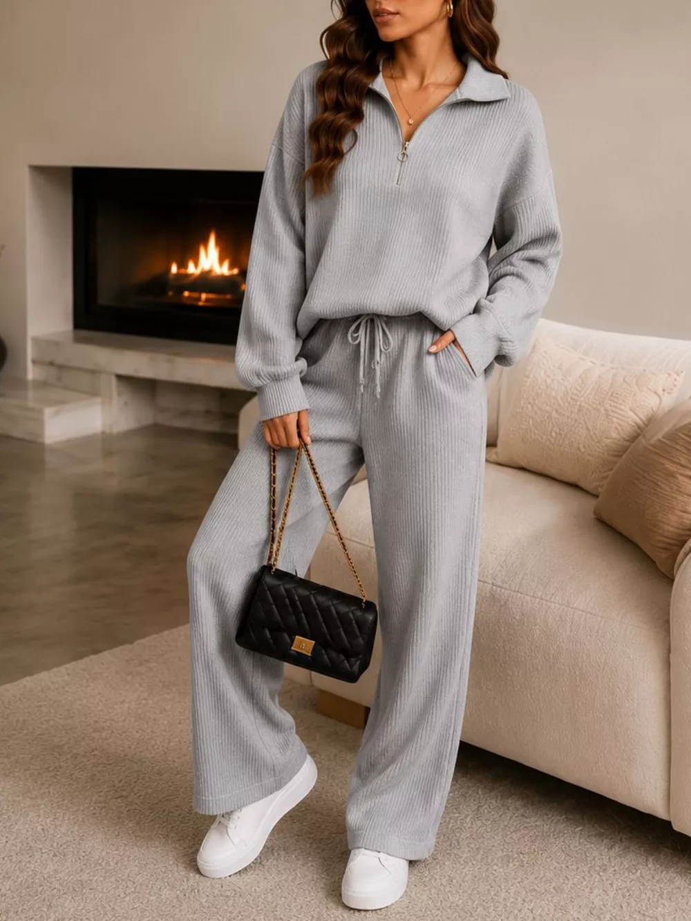 Cozy Ribbed Knit Quarter-Zip Top and Wide-Leg Set, image 11
