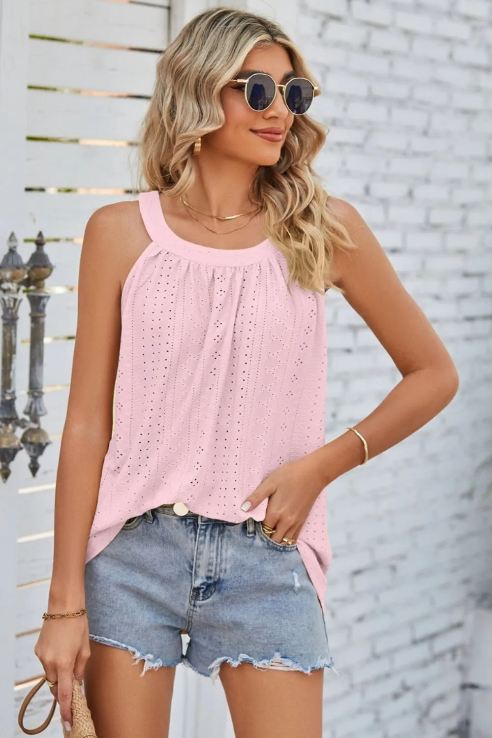 Openwork Round Neck Wide Strap Tank, image 7