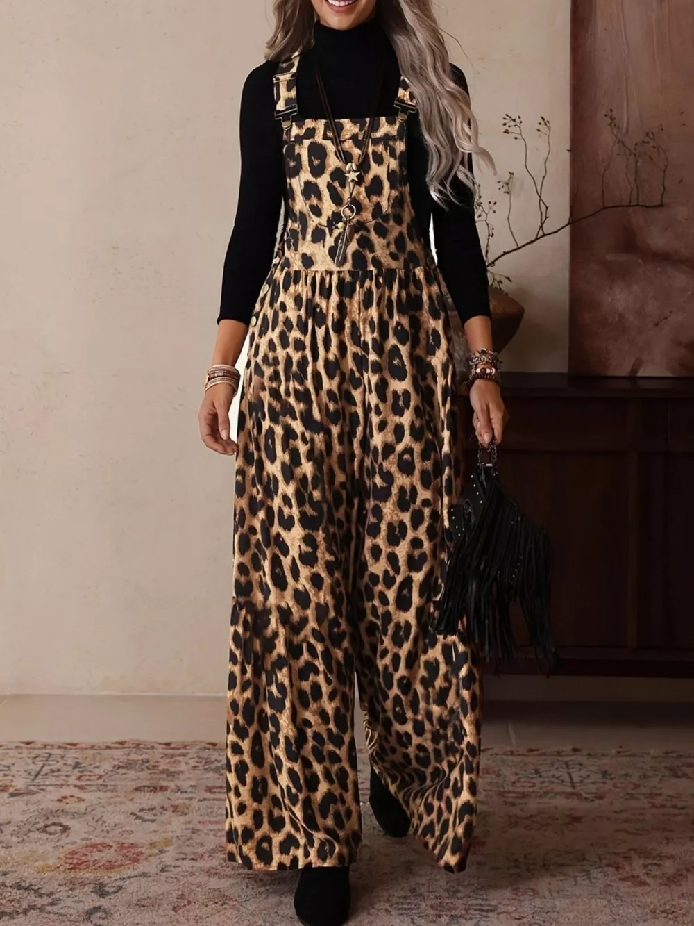Leopard Print Wide Leg Overalls, image 3
