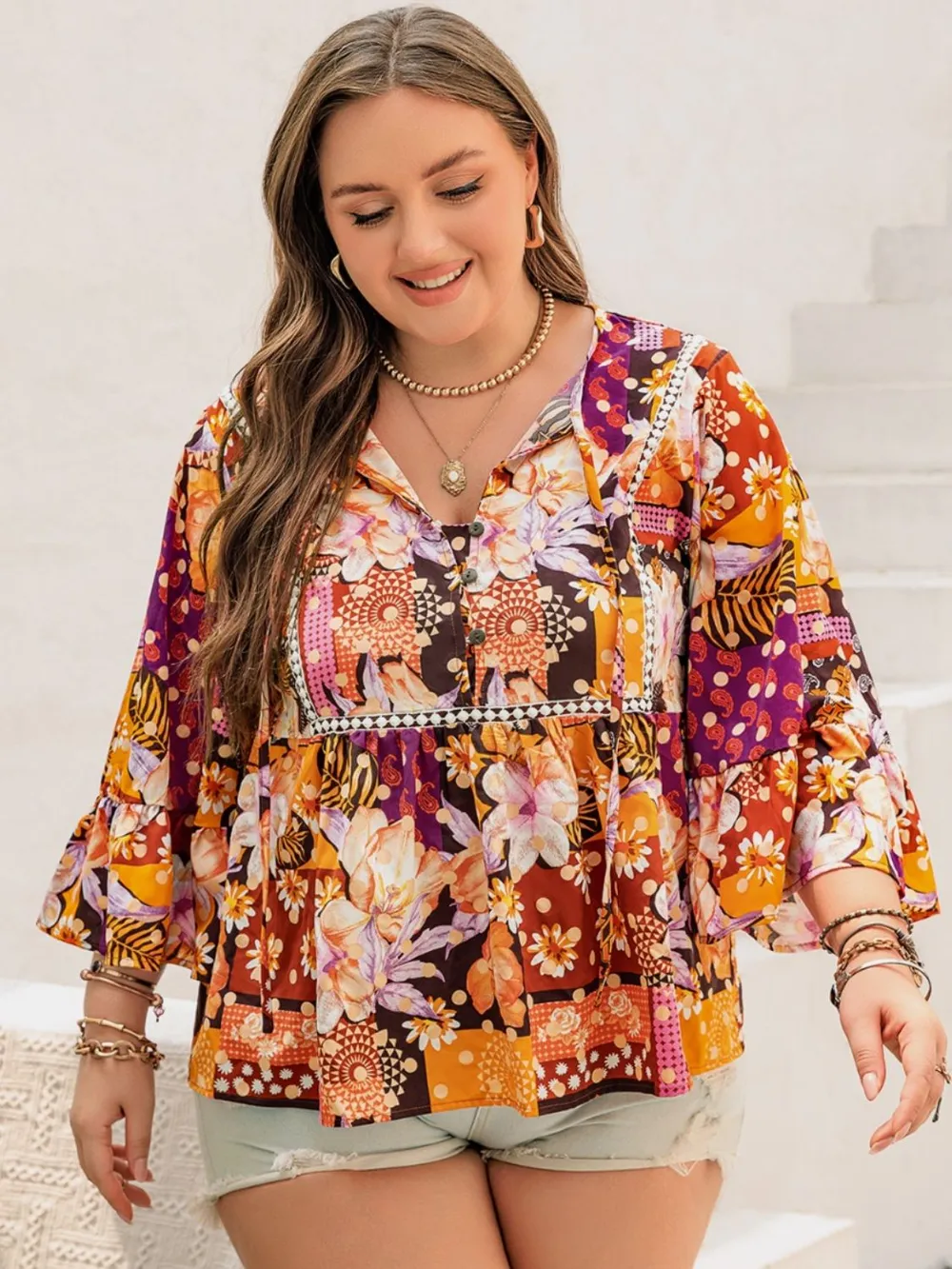 Plus Size Printed Tie Neck Blouse, image 2