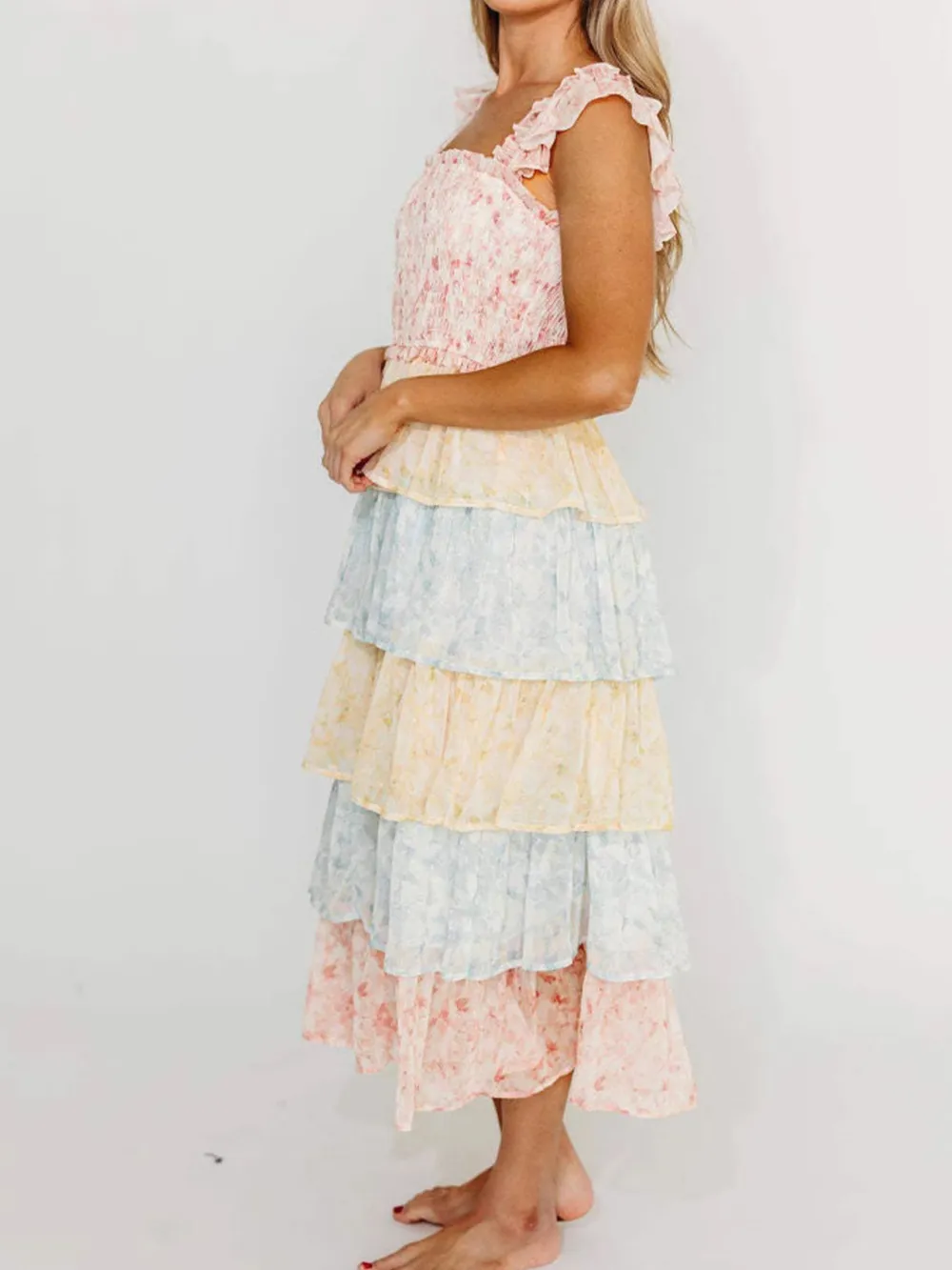Smocked Ruffle Layered Floral Midi Dress, image 5