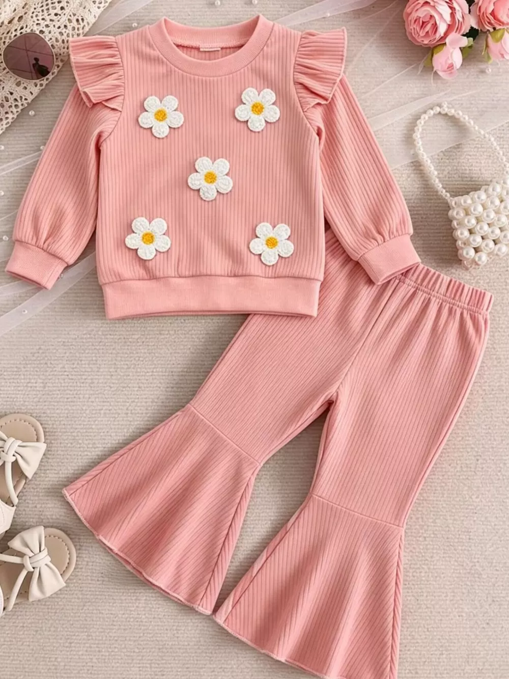 Children's Daisy Ruffled Ribbed Top and Flare Pants Set, image 2