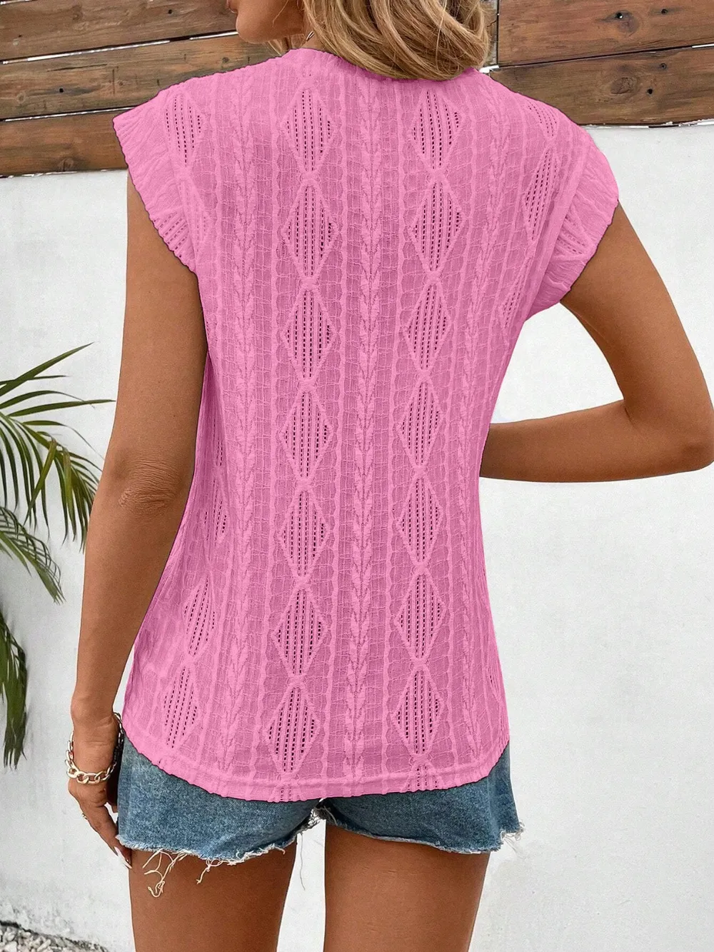 Openwork Round Neck Cap Sleeve Top, image 10