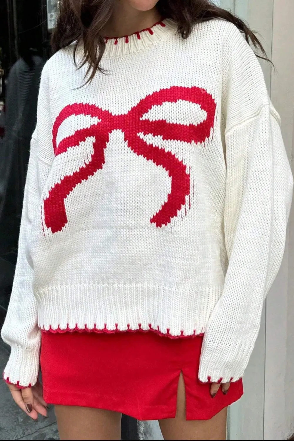 Bow Graphic Round Neck Long Sleeve Sweater, image 7