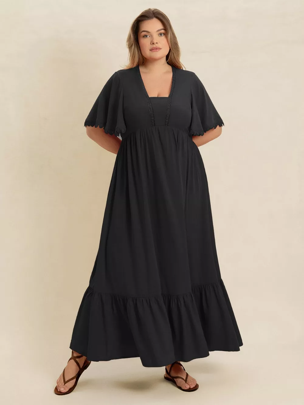 Plus Size Boho Ruffled Maxi Dress with Flutter Sleeves, image 4