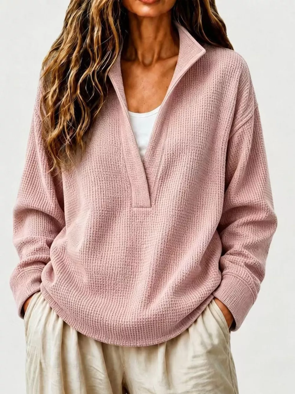 Full Size Waffle Knit Dropped Shoulder Sweatshirt Plus Size, image 5