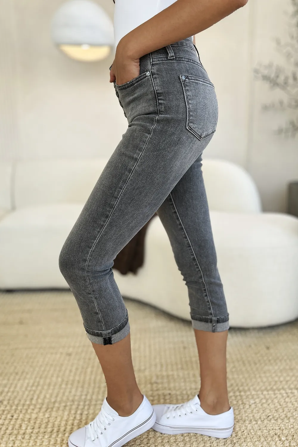 Full Size Button Fly High Waist Cuffed Capris, image 7