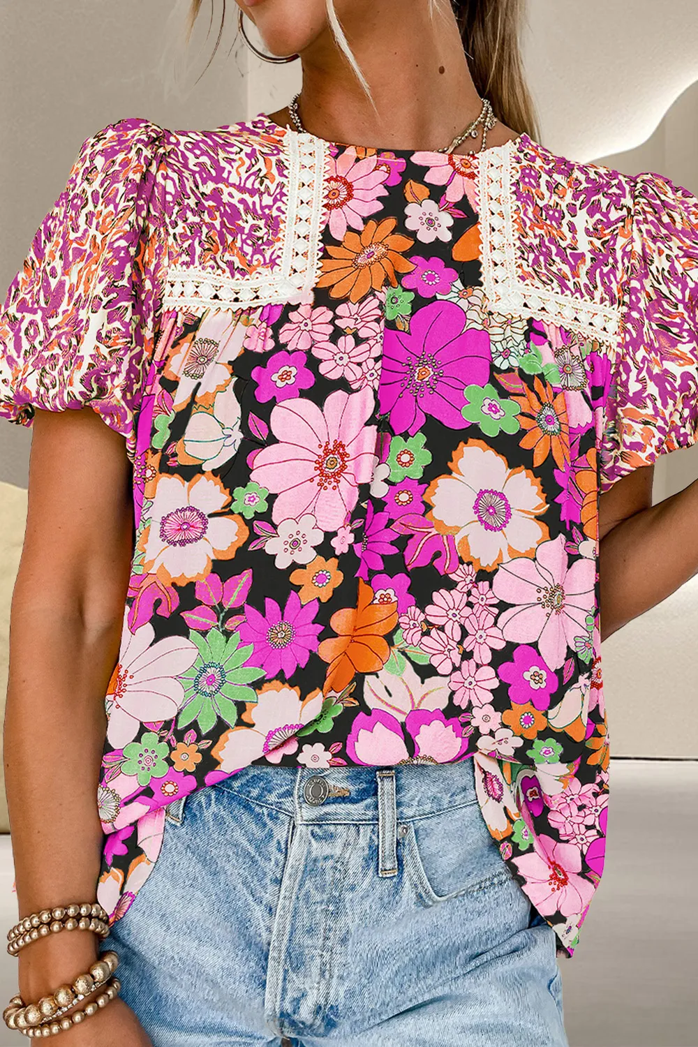 Printed Round Neck Puff Sleeve Blouse, image 6