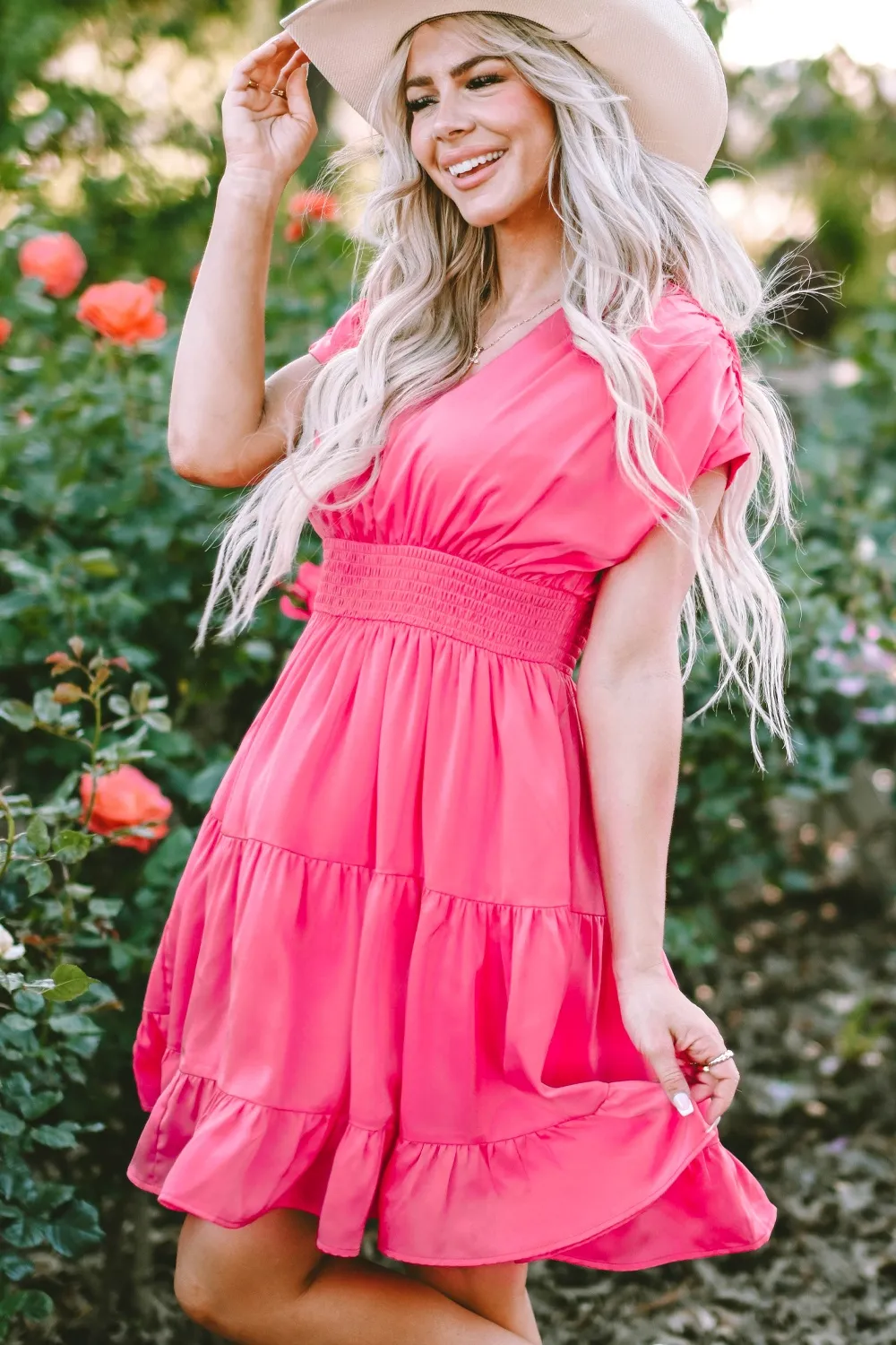 Smocked V-Neck Cap Sleeve Dress, image 2