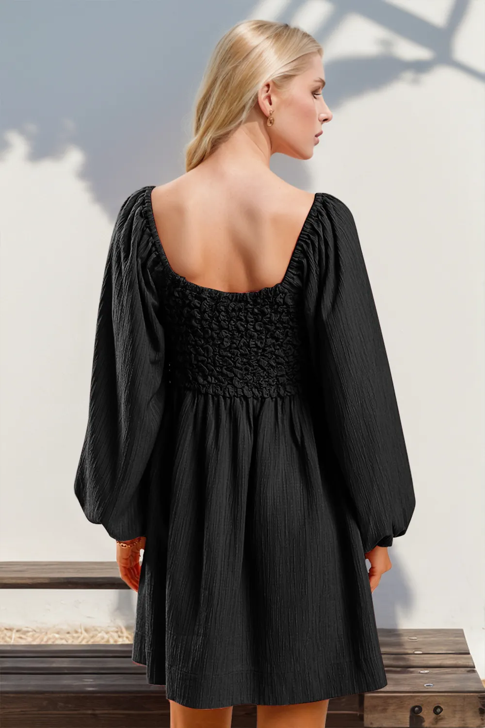 Texture Smocked Balloon Sleeve Mini Dress, image 2