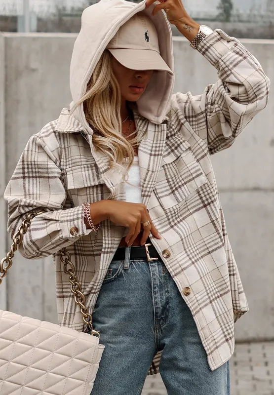 Plaid Removable Hood Button Up Shacket, image 8