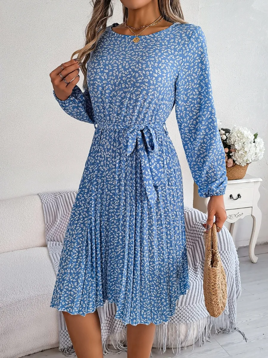 Ditsy Floral Tie Waist Pleated Dress, image 6