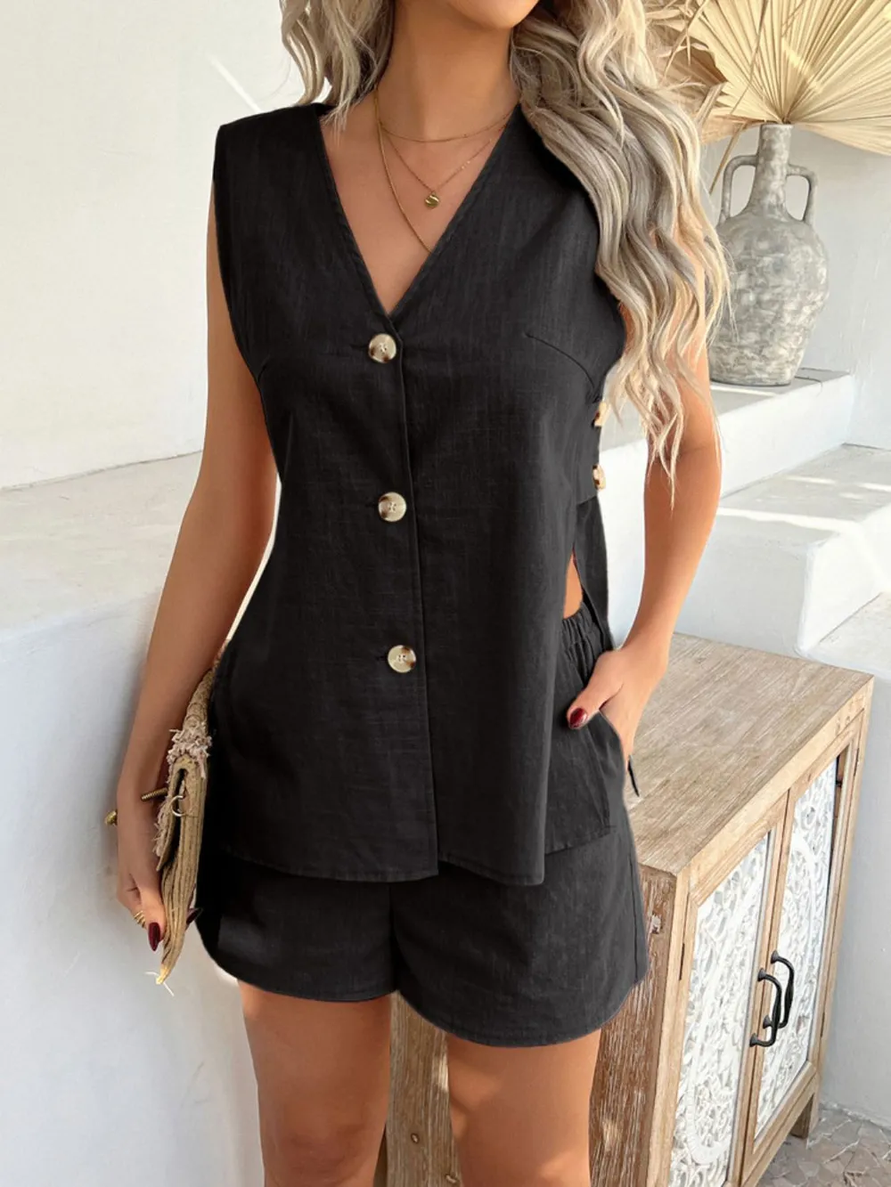 Button Down V-Neck Tank and Shorts Set, image 22