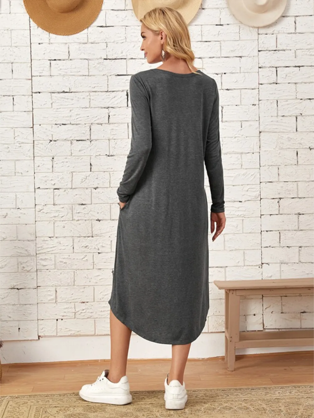 Pocketed Round Neck Long Sleeve Tee Dress, image 6