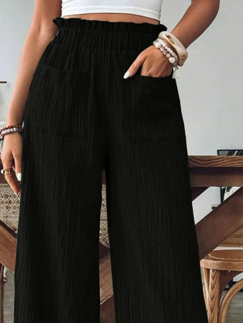 Pocketed Elastic Waist Wide Leg Pants, image 3