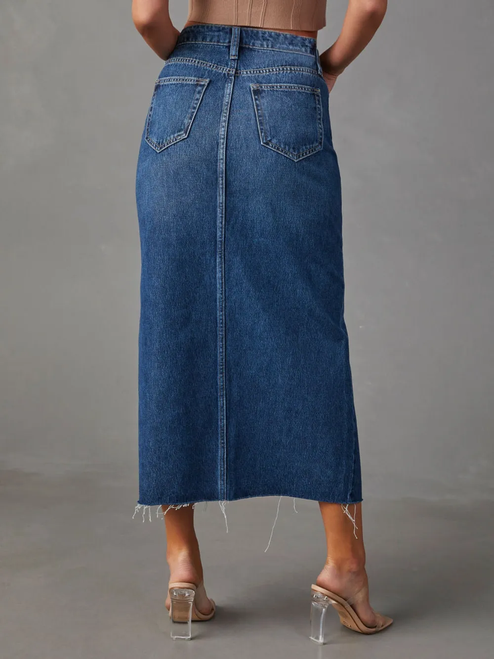 Slit Raw Hem Midi Denim Skirt, image 3
