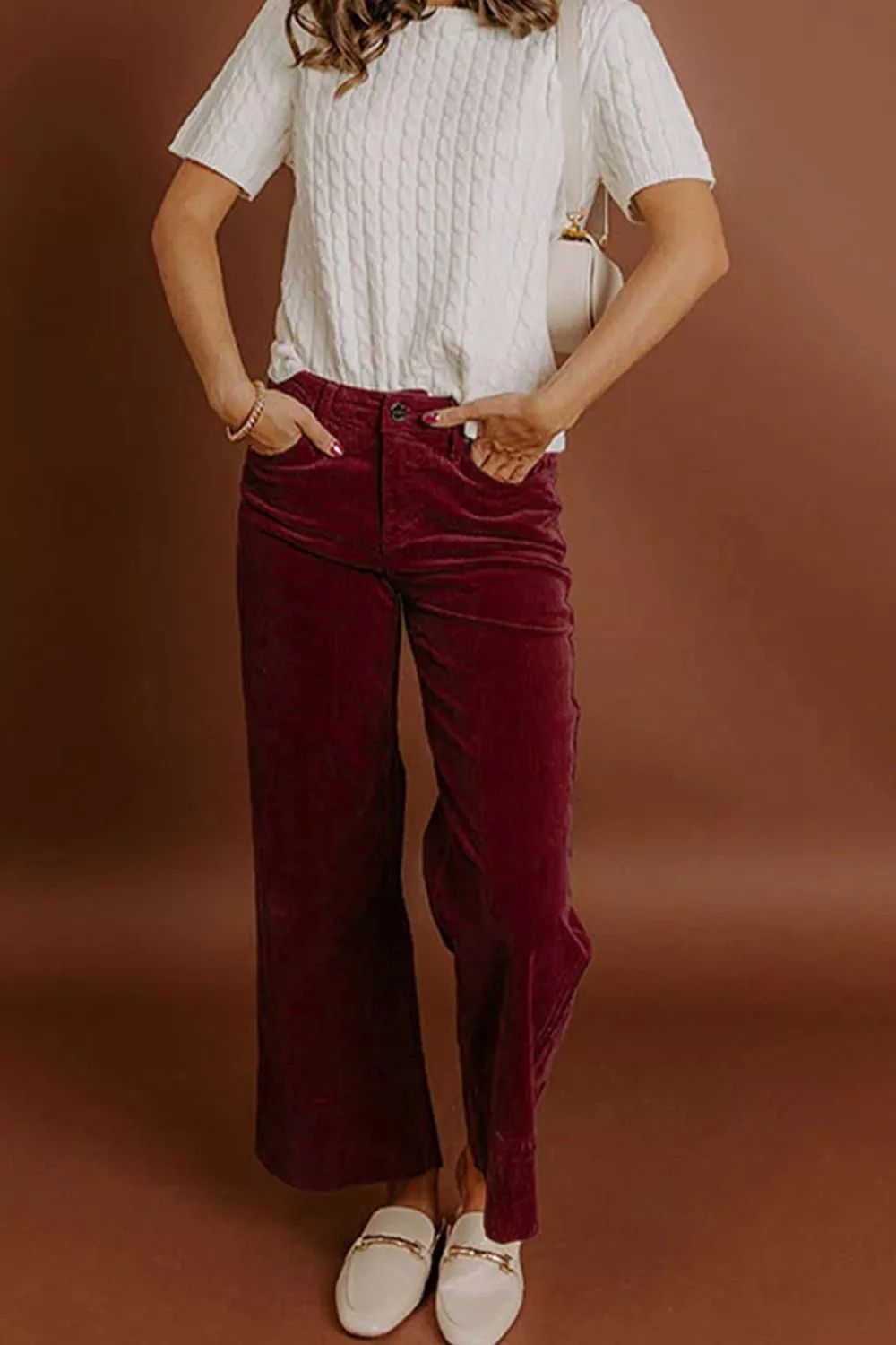Corduroy Solid Color High Waist Wide Leg Pants, image 2
