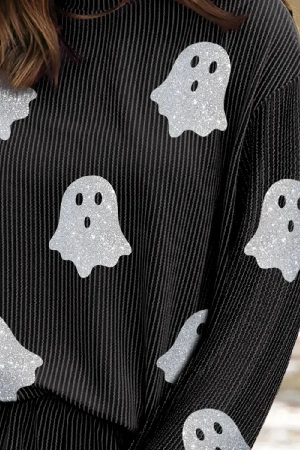 Glitter Ghost Round Neck Long Sleeve Top and Shorts Set, image 2