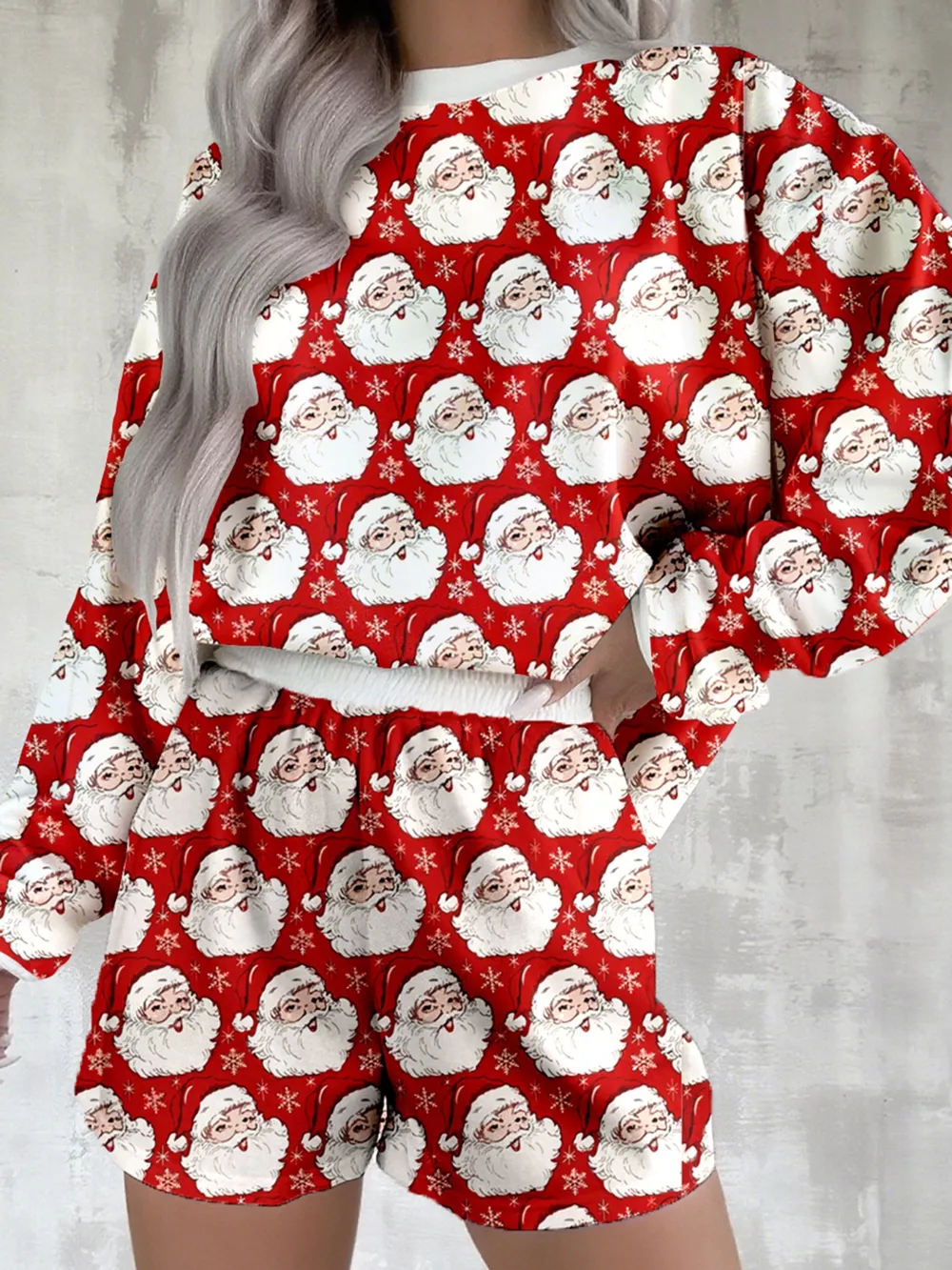 Christmas Santa Print Round Neck Top and Shorts Lounge Set, image 3
