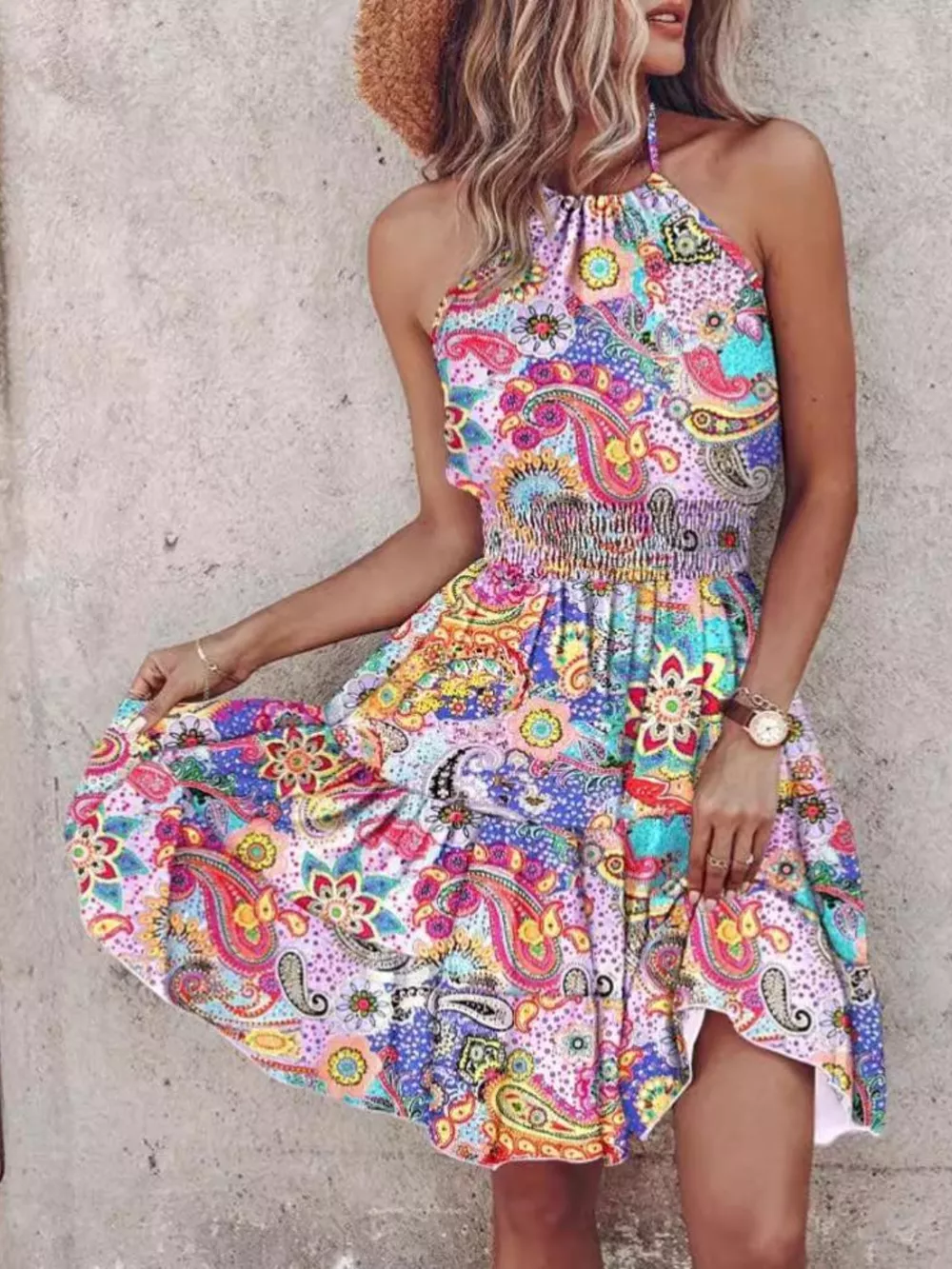 Smocked Printed Halter Neck Mini Dress