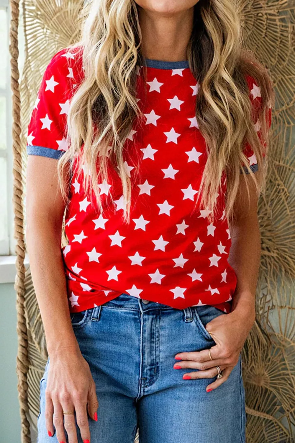 Stars Print Colorblock Binding Tape Collar Cuff Viscose Tunic Top, image 2