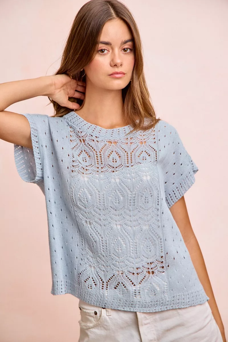 Washed Eyelet Short Sleeve Breathable Knit Top, image 17