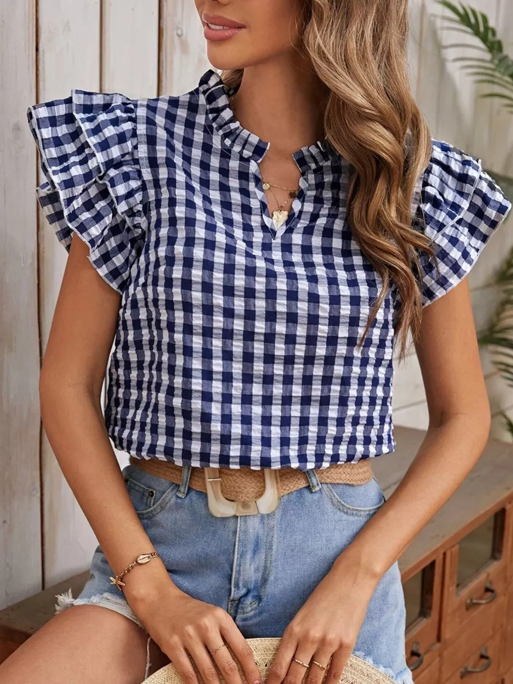Gingham Ruffle Sleeve Blouse, image 7