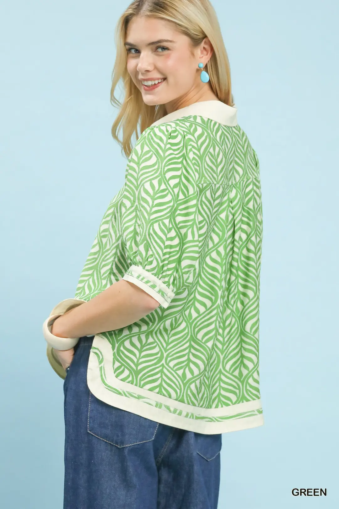 Geometric Leaf Print Popover Top, image 2