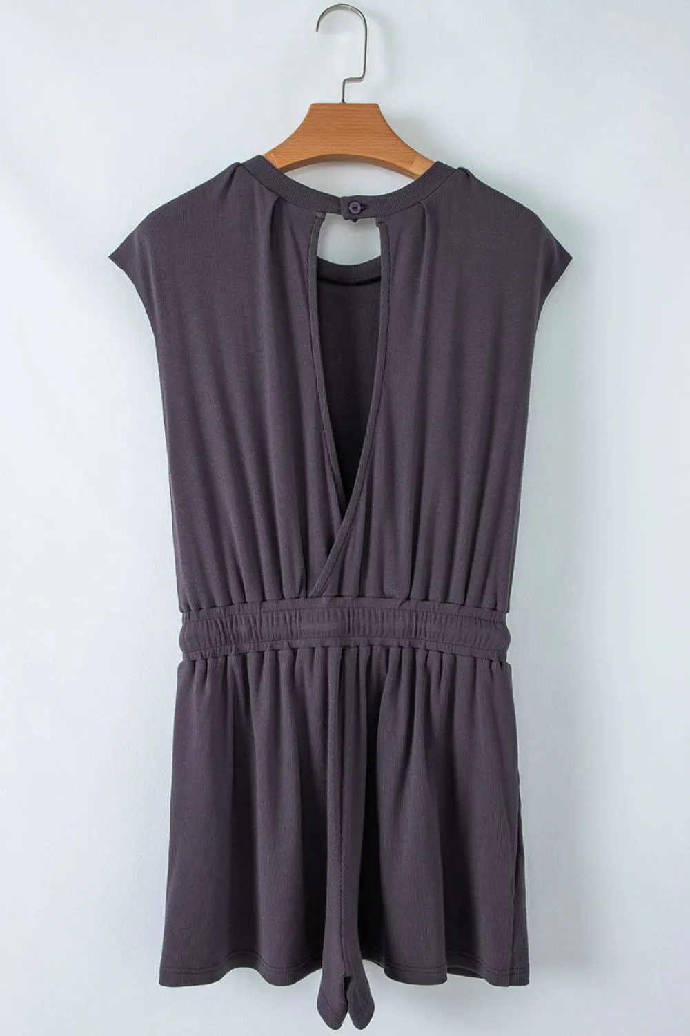 Knit Open Back Cap Sleeve Drawstring Romper, image 5