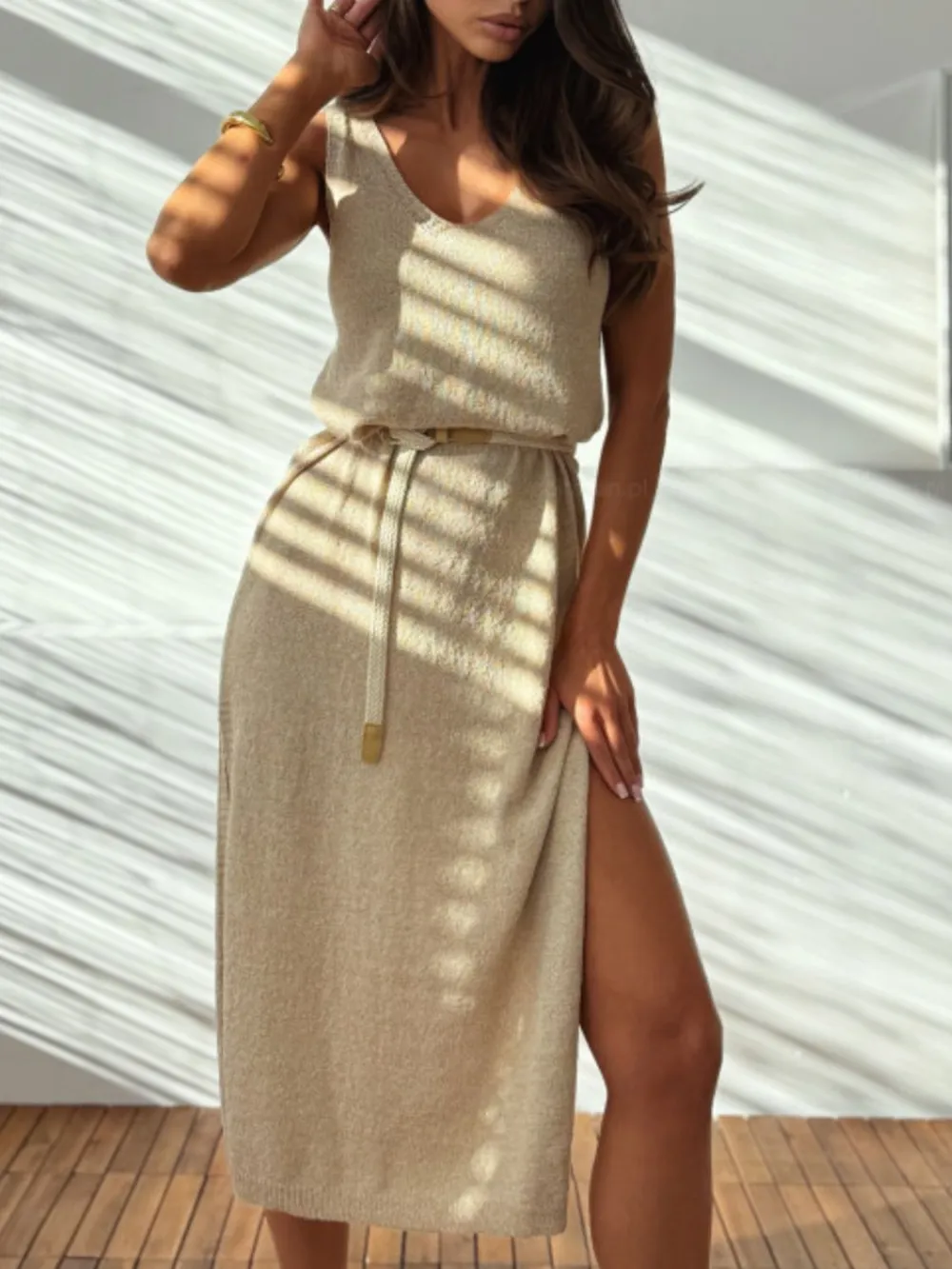 Slit V-Neck Sleeveless Sweater Dress, image 2